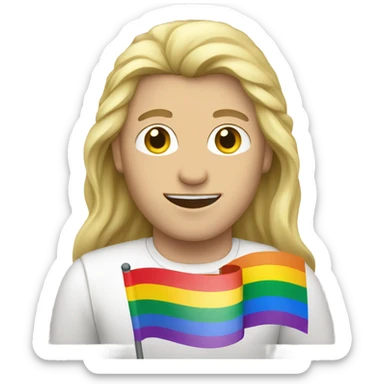 caucasian man with long blonde hair holding rainbow flag sticker