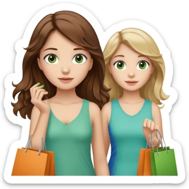 make me and my best friend togheter i have brown hair that falls on my shoulders and BROWN eyes and she has really long wavy brown hair with a little blonde and green/blue eyes we are shopping and i have BROWN eyes and i am taller than her sticker