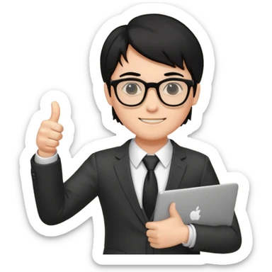 un estudiante con lentes y su laptop CON TERNO Y CABELLO NEGRO,   DANDO LIKE sticker