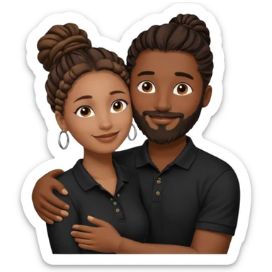 Couple emoji: smiling woman with brown skin, nose ring, makeup, hugging man with dark skin, beard, dreadlocks in a bun, wearing black polo. Warm, loving vibe. sticker