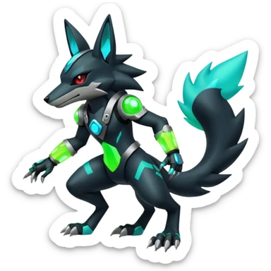 Black and green cyberpunk intricate neon glowing grey white futuristic cyborg-Lucario-Zeraora-Zoroark-Luxray-fusion (full body) sticker