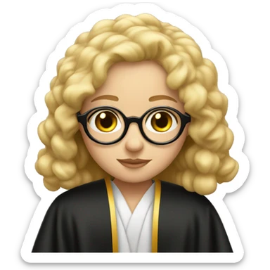 blonde girl, round eyeglasses, with judge's robe sticker