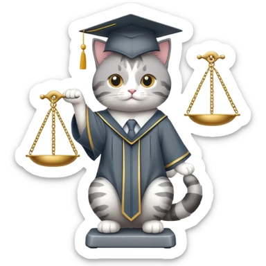 cat wearing a graduation cap, balancing the scales of justice on the tip of its tail sticker
