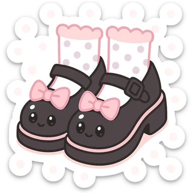 BLACKPINK-inspired gothic shoes, no hearts, black and pink, cute and stylish, kawaii style, mary jane shoes with bows, pastel polka dot socks sticker