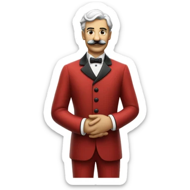 butler in a red suit with a moustache invites you to come in, full length sticker