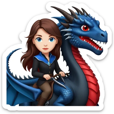 Me, a white female with long brown hair, and blue eyes, wearing black and red, and riding a VERY BLACK wyvern/dragon with HINTS of RED, to your work sticker