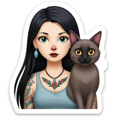 white girl with long black  straight hair and tattoos and  a German long eared cat with black nose sticker