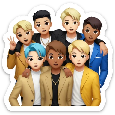 Cinematic Realistic BTS Portrait Emoji, depicted as a dynamic energetic portrayal of the global K-pop group with stylish modern attire and vibrant expressions, rendered with rich textures and bold contemporary lighting that captures their youthful charisma. sticker