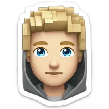 young blond man with gray-blue eyes dressed in a gray minecraft hoodie sticker