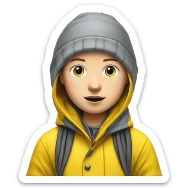 Greta Thunberg with a yellow raincoat and grey beenie, with demonstration sign sticker