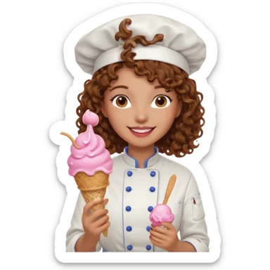 woman brown curly hair, chef, eating pink ice cream sticker