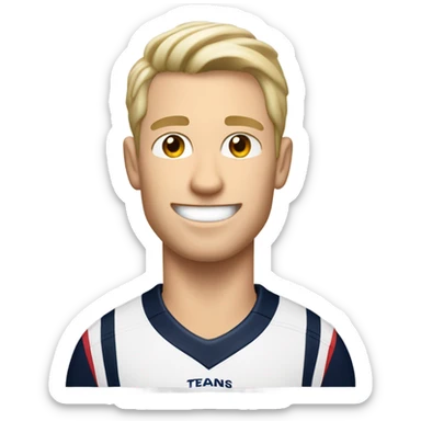 Skinny Caucasian male blonde combed over hair smiling wearing a Houston Texans polo sticker