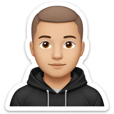 Latino man with light brown warm skin, round face, full cheeks, soft jaw, slight friendly smile, very very short almost buzz cut hair, medium eyebrows, medium eyes, straight nose, medium lips, wearing black hoodie with white logo, practical and hardworking vibe sticker