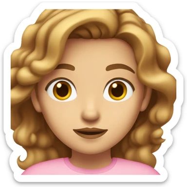 female character with long, wavy light brown hair, large brown eyes, light to medium skin tone, and soft pink lips with a neutral expression. She is wearing a plain pink shirt sticker