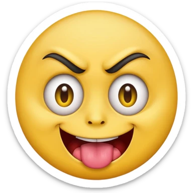 A yellow round face emoji smirking with its tounge out but the eyes are evil and kind of crazy and the eyebrows are turned in but one is raised  sticker