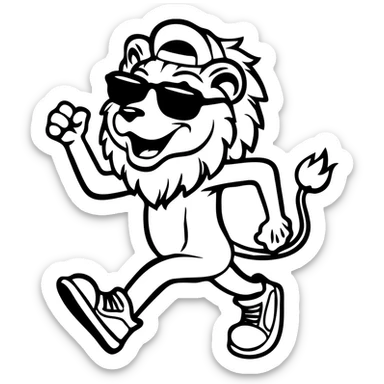 cheerful anthropomorphic lion walking confidently, flexing one arm in a fist-pump, wearing oversized sunglasses, backwards baseball cap, and sneakers, thick black outlines, no color or shading, retro mascot vintage rubber hose cartoon style, highly graphic sticker