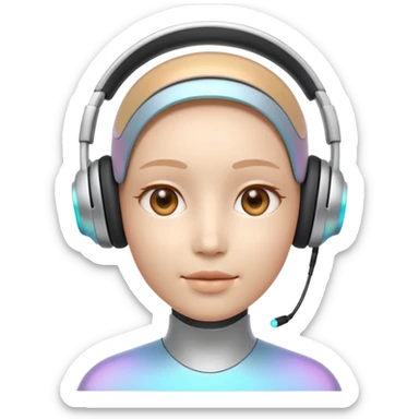 AI Call Agent holo-human-like Cyber AI face, warm, calm and friendly. Holographic look.Soft AI face with a listening, welcoming expression, minimal facial lines, calm eyes. Light headset. Bot. sticker