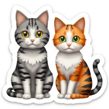 A grey tabby cat with dark grey stripes and green eyes sitting next to a calico cat with orange eyes sticker