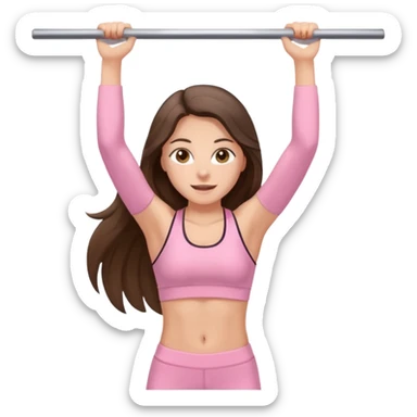 white happy brunette teen long hair with hazel eyes in light pink workout clothes doing a pullup sticker