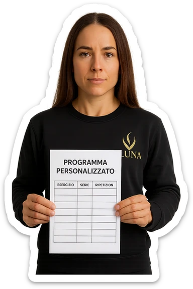 Donna con in mano Scheda di allenamento di palestra con scritto "Programma Personalizzato" sticker