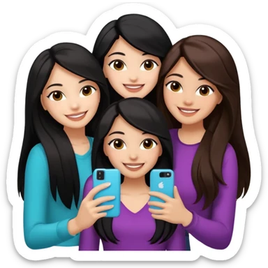 3 girl friends, one with black long hair light skin. one with brown hair long and the last girl one with black with brown medium length hair. Glammed up and hugging  and one talking a selfie and all of them smiling and looking girly all same skin tone  sticker