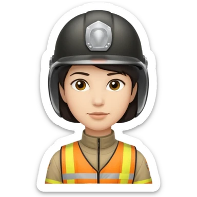 A light-skinned person with short dark hair, wearing a helmet and an oval face with a neutral look. sticker