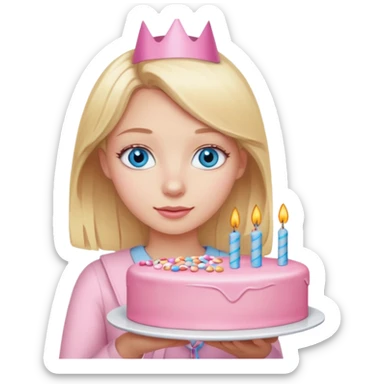 Blonde girl with blue eyes holding a pink birthday cake  sticker