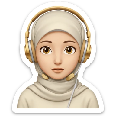 This is a cartoon-style avatar of a woman wearing a white hijab and headphones, with golden-brown eyes and a calm expression. sticker