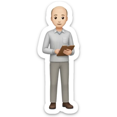 man mid 30's shirt and trousers balding hairline standing holding a clipboard sticker