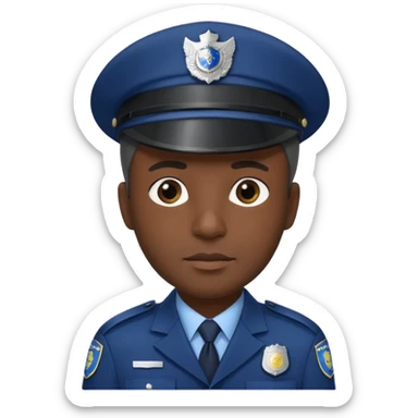 A dark-skinned man wearing a navy police hat with a silver badge, facing forward with a neutral expression. sticker