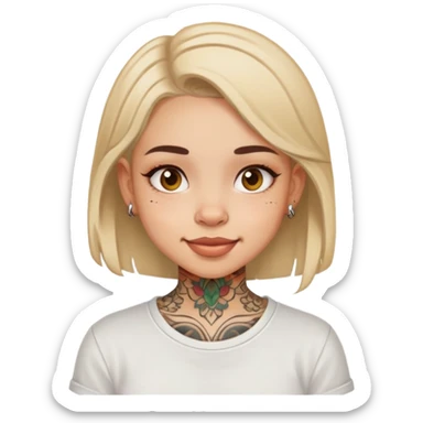 girl with small face tattoos, cheerful expression, wearing a shirt sticker