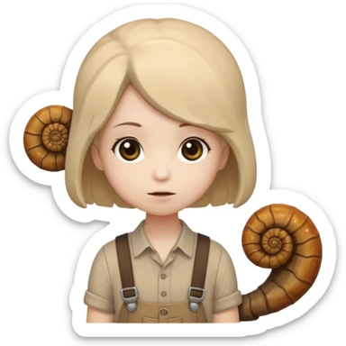 Shelly has a small, chibi-style body with a large ammonite-shaped head that looks like a beige fossil shell. One side of her head has a dark opening, making it clear she isn’t human. Her face is simple and soft, with big round eyes. She wears a brown suspender outfit over a lighter shirt sticker