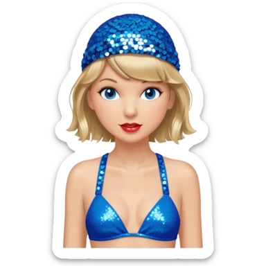 Taylor Swift wearing a blue bathing suit with sparkly sequin straps. She is also wearing a sequin blue swim cap with a sequin strap going under her chin. She has a blue tinsel boa draped over her shoulders. sticker