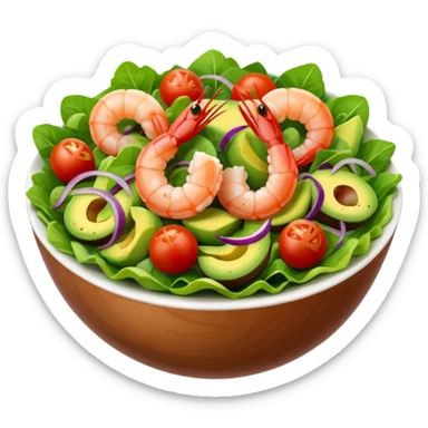 emoji of a composed salad with shrimp, avocado, cherry tomatoes, green salad leaves, and red onion, inspired by a photo, classic emoji style, bright colors, appetizing presentation sticker