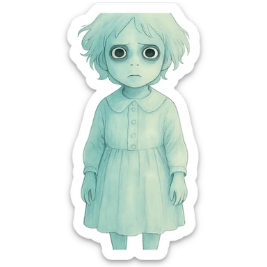 creepy ghostly child, pale and translucent, old-fashioned clothes, unsettling expression sticker