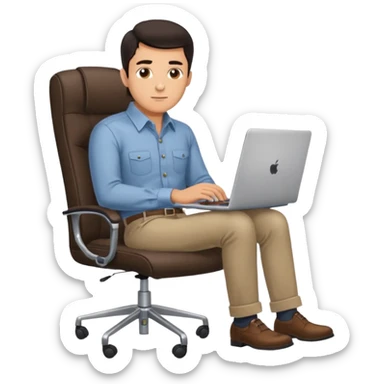 Rich man working on a chair at office in shirt, dark hair, and near the desk with laptop he is german very beautiful looks like, full body view sticker