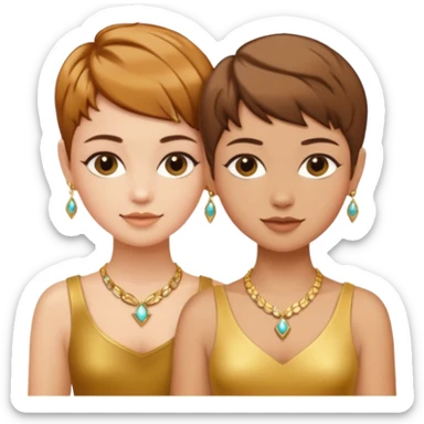 Fair skin and caramel colored besties with brown hair pixie cuts wearing jewelry   sticker