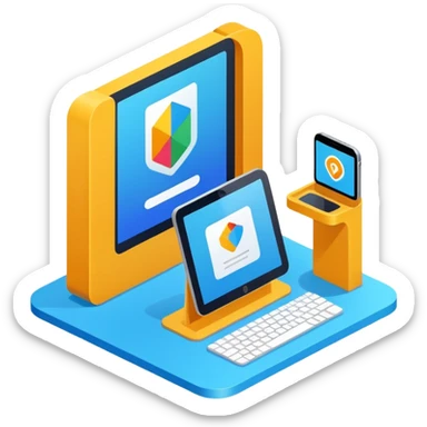 isometric, image of modern user experience with mobile, desktop portal, kiosk etc sticker