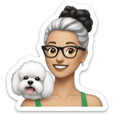 woman-black-hair-bun-with glasses-with bichon dog-white-smile-Christmas sticker