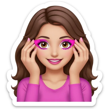 girl with long wavy brown hair, brown eyes, long lashes, makeup, sexy pink lips, light to medium complexion, wearing a pink sexy top, smiling, hands covering over the eyes sticker