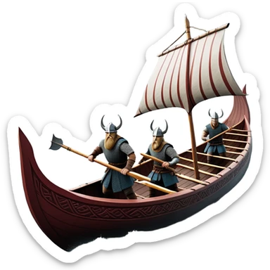 detailed-cinematic-viking-longboat, rendered in a flat, bold vector style with minimal shading, featuring a striking dragon-headed prow slicing through waters. shields on the side and vikings rowing The longboat’s, the boat has carved motifs evoke a sense of epic adventure and Nordic might, with billowing sails catching a dramatic, stormy sky backdrop. sticker
