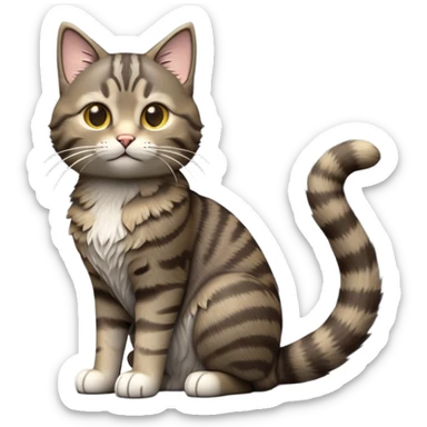 cinematic-[grey brown tabby cat]-realistic-full-body-sitting-emoji,-tail-curled-playfully-around-its-paws,-head-tilted-dramatically,-scruffy-[grey]-fur,-simplified-yet-realistic-focused-features,-highly-detailed,-glowing-with-an-almost-sarcastic-glow sticker