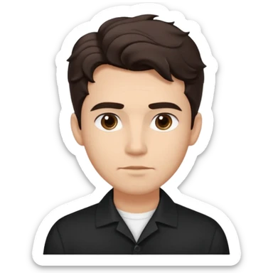 He’s a man with light to medium skin, a defined oval face, full brows, deep-set eyes, and wavy short dark brown tall hair styled with height, sides are trimmed. expression calm and focused relaxed black open-collar. polished, articulate, and coach vibe. personal development sticker