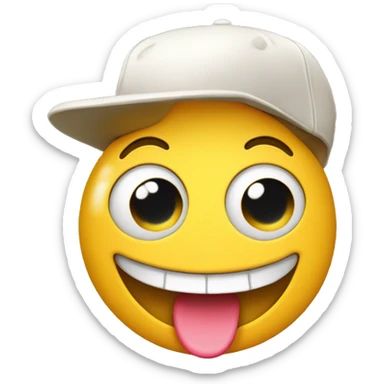 A classic smiling yellow emoji face with wide-open eyes, but missing one front tooth, and wearing a baseball-style cap forward. The cap is colorful, slightly tilted, adding a fun and quirky touch to the emoji's overall expression. sticker
