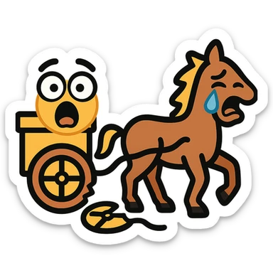 Make the horse cart look broken and add funny, exaggerated emoji expressions to the horse and cart. Keep the style consistent. The style is emoji style. Keep the background transparent. sticker