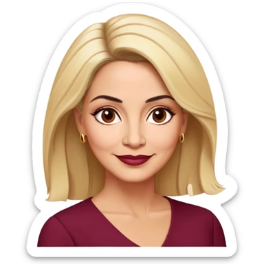 Puerto Rican actress Linette Torres in her 50s with warm light skin, mature elegant features, some fine lines, expressive eyes, well-defined eyebrows, straight nose, friendly smile, shoulder-length blonde hair, wearing a fashionable burgundy top sticker