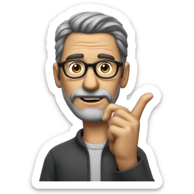 a skinny man with medium length brown hair and a grey beard. he has a big nose and crows feet wrinkles. He is wearing cokebottle glasses and holding his finger up like he is making a point sticker
