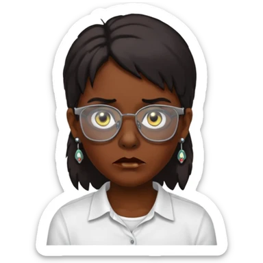 A zombie wearing a white shirt, dark skin, medium-length dark hair, earrings, and glasses, on a white background, facing forward. sticker