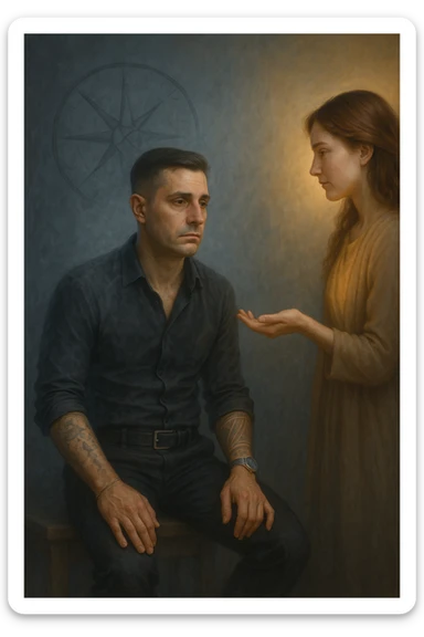 Uomo tra i 35 e i 45 anni seduto su una panchina o in una stanza tranquilla, sguardo rilassato ma spento, come sollevato nel mentale ma svuotato nello spirito. Davanti a lui una donna lo guarda con dolcezza, mano tesa come per offrire una soluzione. L’ambiente attorno all’uomo è grigio-bluastro, con la sua aura maschile che si dissolve leggermente, mentre intorno alla donna una luce calda e stabile. Sullo sfondo, un simbolo spezzato di bussola o direzione, a indicare la perdita di leadership interiore. Atmosfera riflessiva, stile realistico con simbolismi delicati sticker
