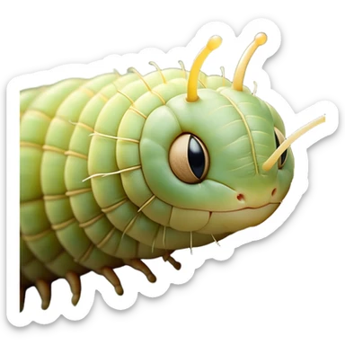Beautiful and Majestic Caterpillar Portrait Emoji, Head and body rendered in serene repose with a gentle, content smile, showcasing a delicately segmented form with softly textured hues and eyes peacefully closed in tranquil slumber, Simplified yet exquisitely endearing features, highly detailed, glowing with a soft, drowsy natural light, high shine, relaxed and utterly noble, stylized with an air of graceful metamorphosis, soft glowing outline, capturing the essence of a beautiful and majestic caterpillar that embodies the quiet promise of transformation! sticker
